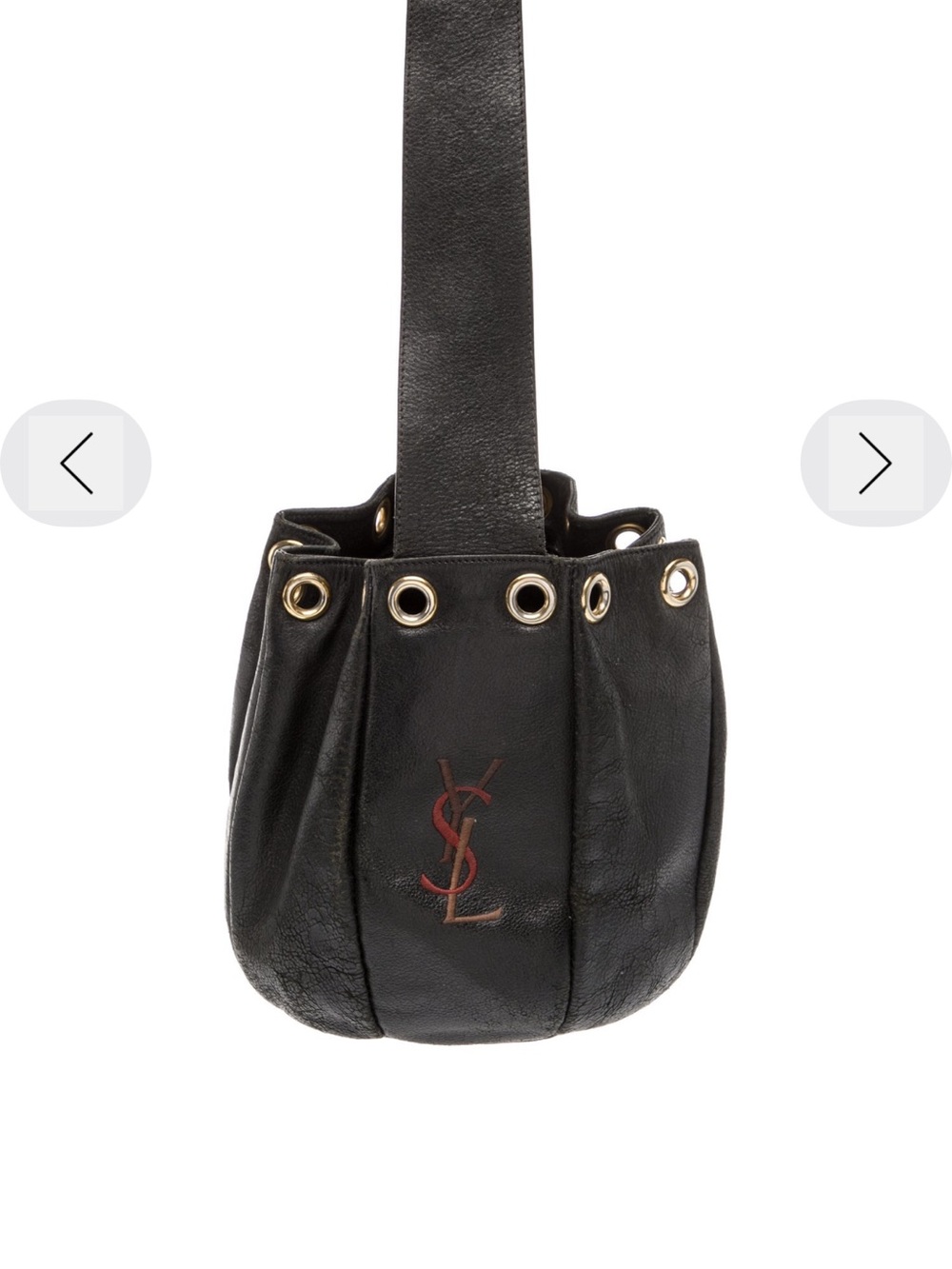Vintage Saint Laurent Black Leather Bucket Bag with Red YSL Logo